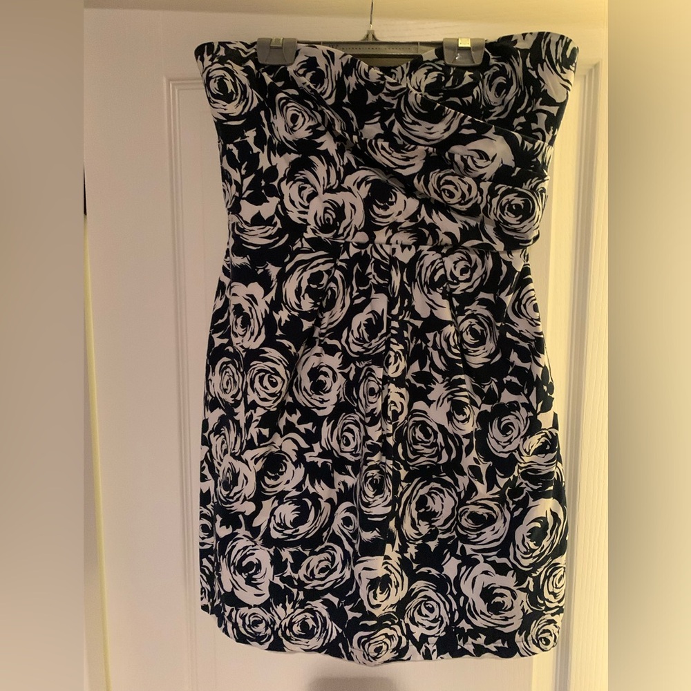 Orsay Blue & White Roses Dress Lined Short Strapless Sweetheart Neckline EUR 40
